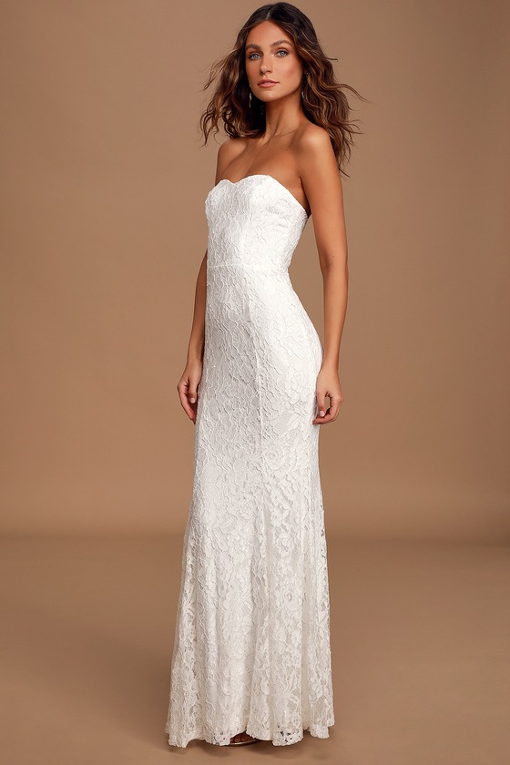 White Lace Maxi Strapless Dress